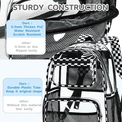 Bluboon Clear Backpack Heavy Duty Kids Boys Clear Bookbag See Through Backpacks with Pencil Case for College Work - color: Transparent Black White Checked
