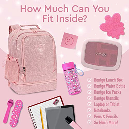 Bentgo Kids 2-in-1 Backpack & Insulated Lunch Bag - Glitter Designed 16” Backpack for School & Travel - Durable, Water Resistant, Padded, & Large Compartments (Glitter Edition - Petal Pink) - color: Glitter Edition - Petal Pink