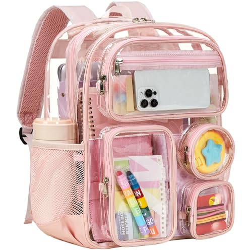 Vorspack Clear Backpack Heavy Duty - Clear Backpacks for School Large Transparent Bookbag with Multi-pockets for Girls Boys See Through Backpack for College Work Travel - Light Pink - color: Light Pink, size: Large