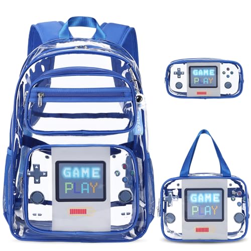 ACESAK Clear Backpack for Boys Girls - 3 Pcs Clear Heavy Duty with Lunch Bag - See Through Backpack Stadium Approved - color: Blue Game