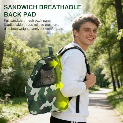 Cat Carrier Backpack Camouflage Cat Backpack Carrier Pet Travel Bag | 3-Sided Breathable Mesh, Foldable & Lightweight, Built-in Safety Leash, Front Pocket Storage, Fits Pets up to 11 lbs