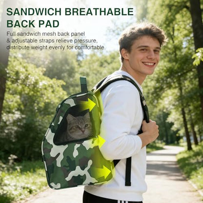 Cat Carrier Backpack Camouflage Cat Backpack Carrier Pet Travel Bag | 3-Sided Breathable Mesh, Foldable & Lightweight, Built-in Safety Leash, Front Pocket Storage, Fits Pets up to 11 lbs
