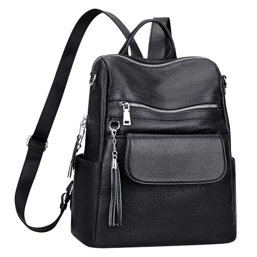 ALTOSY Genuine Leather Backpack Purse for Women Large Convertible Shoulder bag Ladies Crossdody Bag with Tassel - color: Black