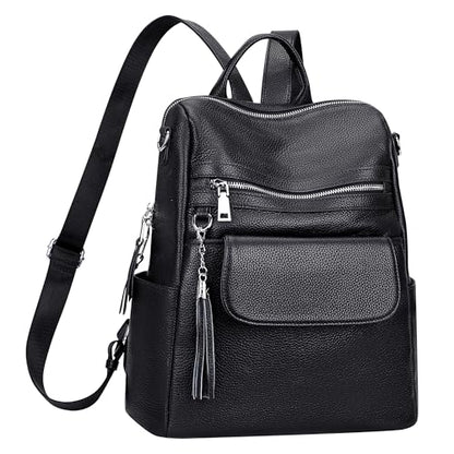 ALTOSY Genuine Leather Backpack Purse for Women Large Convertible Shoulder bag Ladies Crossdody Bag with Tassel - color: Black