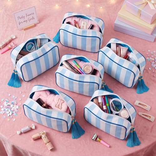 Kacctyen 6 Pack Baby Blue and White Striped Makeup Bag bulk with Tassel Travel Cosmetic Pouch Organizer Large Zipper Toiletry Case for Women Aesthetic Storage Pouch Mahjong Tile Bag - color: Baby Blue and White