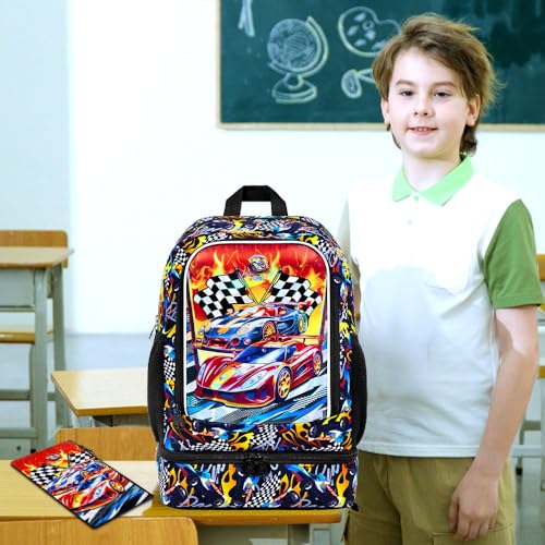 HPJGD 2-in-1 Backpack for Boys, 17" Race Car Preschool Bookbag Set with Built-in Lunch Compartment, Kids Water-Resistant School Bag for Elementary - Thrill Racing - color: Uv Printing Race Car 2-in-1 Backpack
