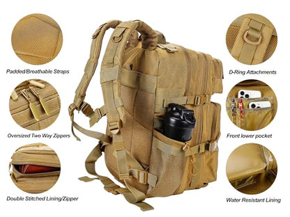 LHI Military Tactical Backpack for Men and Women 45L Army 3 Days Assault Pack Bag Large Rucksack with Molle System - Khaki - color: 1.1 Khaki