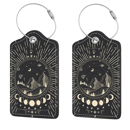 2 Pcs Luggage Tags for Suitcase, Cute Unique PU Leather Travel Bag Tag with Privacy Cover ID Label Address Card and Durable Metal Ring Suitable for Men Women Children Backpack,Mountain Range - color: Mountain Range