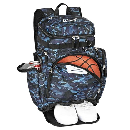 WOLT Basketball Bag Backpack with Separate Ball Compartment and Shoes Pocket, Gym Bags for Men, Large Sports Bag for Basketball, Soccer, Volleyball, Baseball - color: Camoblue