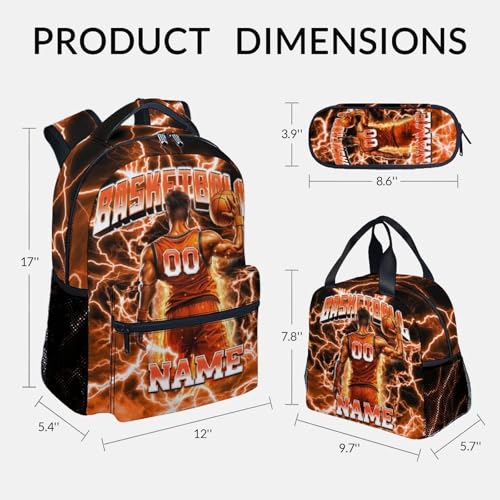 UNIKITTY Boys Basketball Backpack Set, Personalized School Backpack with Lunch Box & Pencil Case – 17 Inch Large Capacity Basketball Bookbag, Water Resistant for Kids Teens Elementary & Middle School - color: Orange
