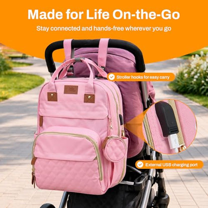 Diaper Bag Backpack with Changing Station – Large Baby Diaper Bag with 19 Pockets, USB Port, Waterproof, Insulated Bottle Holders, Stroller Straps – Travel Maternity Bag – Pink - color: Pink