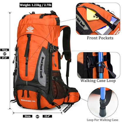 YFREAL 60L Travel Hiking Camping Backpack with Rain Cover,Backpack Water Resistant,Climbing Backpack for Men Women (ORANGE) - color: Orange