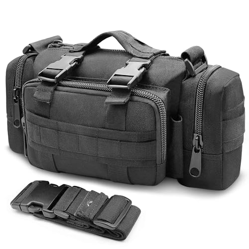 Tactical Duffel Bags for Men, 3P Military Molle Waist Fanny Packs EDC Utility Pouch Crossbody with Shoulder Strap Hand Carry - color: Black