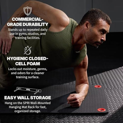 SPRI Hanging Exercise Mats for Gyms, Closed-Cell Foam Yoga & Fitness Mats with Grommets, Thick Workout Mats for Studios & Group Fitness Classes, Wall Rack Mat Holder Storage, Black - style: 71" L x 23" W x 5/8"