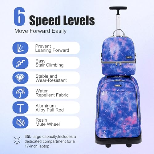 NEW TILAMI 19 Inch Rolling Backpack with Lunch Bag for Girls Boys Wheeled Laptop Backpack Durable Carry-on Bag School Travel, Star Violet - color: Purple Star Violet