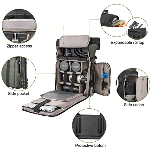 Besnfoto Camera Backpack for Photographer DSLR SLR Waterproof Camera Bag with Laptop Compartment Tripod Holder Roll Top Photographer Case for Hiking Traveling - color: Green