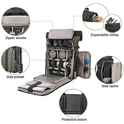 Besnfoto Camera Backpack for Photographer DSLR SLR Waterproof Camera Bag with Laptop Compartment Tripod Holder Roll Top Photographer Case for Hiking Traveling - color: Green