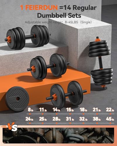 FEIERDUN DS2 Adjustable Dumbbells, 20/30/40/45/70/90lbs Free Weight Set with Connector, 5 in1 Dumbbells Set Used as Barbell, Kettlebells, Push up Stand, Weight Plate, Fitness Exercises for Home Gym Suitable Men/Women - style: F.90LB(45LB Pair)