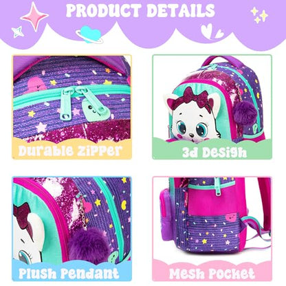 Meetbelify Kids School Backpacks for Girls Boys Backpack with Lunch Bag for Elmentary Students - color: 01 Purple Cat