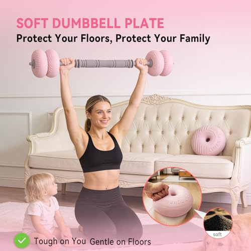 Adjustable Dumbbell Set 13LB/18LB/22LB/35LB, 4-in-1 Soft Shell Weight Set with Connector, Converts to Barbell & Kettlebell, Strength Training Equipment for Home Gym, Ideal for Women & Beginners - color: Pink