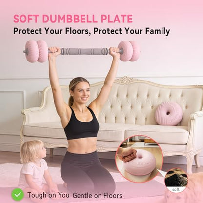 Adjustable Dumbbell Set 13LB/18LB/22LB/35LB, 4-in-1 Soft Shell Weight Set with Connector, Converts to Barbell & Kettlebell, Strength Training Equipment for Home Gym, Ideal for Women & Beginners - color: Pink