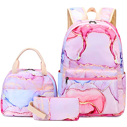 LOIDOU Backpack for Teen Girls Bookbags School Backpack with Lunch Box and Pencil Case 3 in 1 School Bags Set - color: Pink