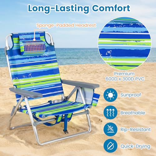 COSTWAY Portable Folding Backpack Beach Chairs Set of 2 with 5-Position Backrest, Padded Headrest, Cup Holder & Ice Bag for Lawn, Poolside (Blue Stripe) - color: Blue Stripe