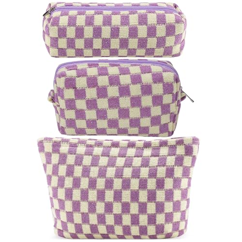 ZLFSRQ 3Pcs Checkered Makeup Bag for Women Large Small Checkered Cosmetic Bag Set Aesthetic Preppy Pencil Case Cute Pencil Pouch Purple Makeup Pouch for Purse Travel Toiletry Bags Zipper Skincare Bags - color: B-Checkered 3Pcs Mix Purple