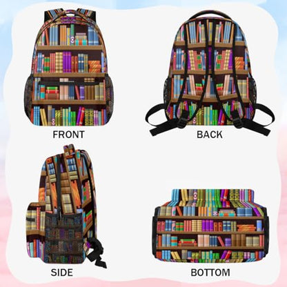 Bookshelf Book Backpack with Chest Strap, Casual Backpack for Women Men, 16 Inch Daypack for Travel Work, Library Book - color: Red