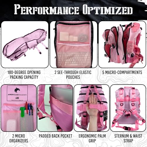 AMERICANPHOENIX 45L Elite Tactical Backpack | 3X Stronger Work & Military Backpack | Water Resistant and Heavy Duty | 3 Day MOLLE Bug Out Bag (Rose Pink) - color: Rose Pink