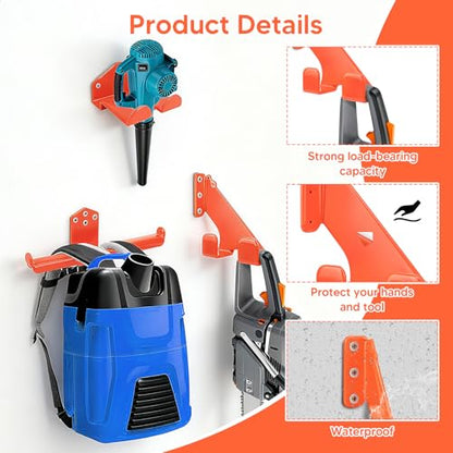 3-in-1 Heavy Duty Garage Tool Organizer, 3-Piece Wall Mount Chainsaw Holder, Backpack Blower Rack and Weed Eater Hanger Set for Lawn Power Tools, No-Scratch Rustproof, Orange