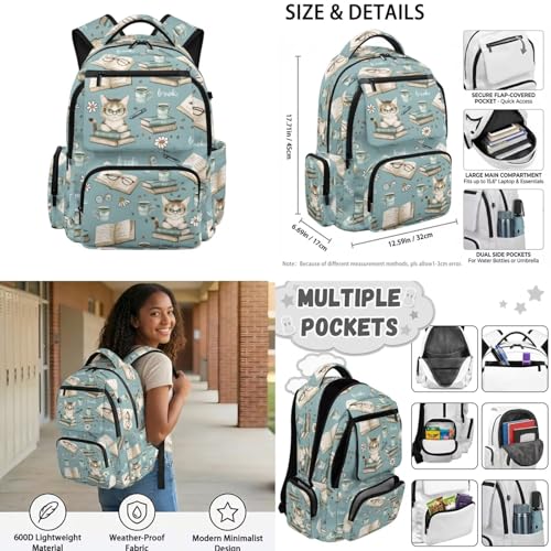 Book Cat Backpack for Girls 10-12 Kids School Backpack with Lunch Box Water Bottle Holder Pencil Case 4 Pieces Set Elementary School Backpacks for Girls Bookbag with Adjustable Straps - color: Book Cat