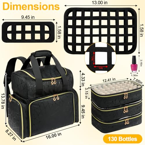 Veirdro Nail Polish Organizer Backpack Holds 130 Bottles (15ml/0.5fl.oz)& Nail Lamp, Extra Large Nail Kit Storage Bag with 3 Removable Carrying Cases, Nail Tech Supplies Organizer Case for Women Black