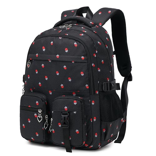 Girls Backpack Lightweight Bookbags for High School Laptop Backpack For College Women Big Student Daypack Casual (Strawberry-Black) - color: Strawberry-black