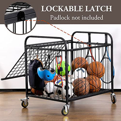 MyGift Large Capacity Metal Rolling Multi Sports Ball Cage Storage Hopper, Gym Equipment Basket Cart with Lockable Latch, Heavy Duty Caster Wheels, and 8 Accessory Hooks - color: Black