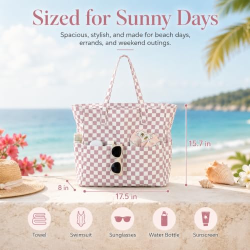LEDAOU Beach Bag Waterproof Sandproof Women Beach Tote Pool Bag with Zipper for Swim Gym Grocery Travel with Wet Pocket | Sandproof - color: B-purple White Grid