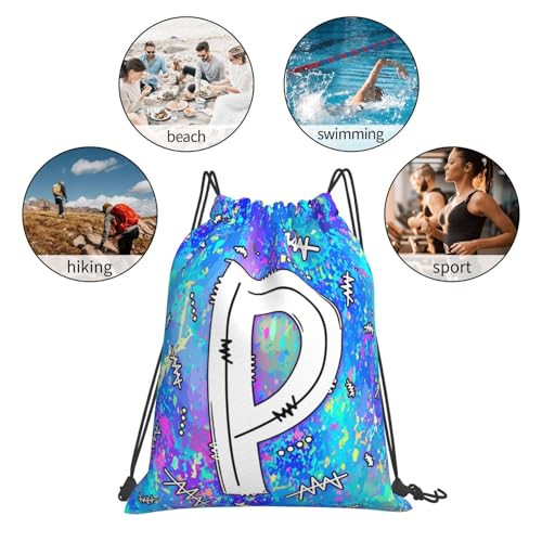 Drawstring Backpack Bag Sport Gym Sackpack Initial Blue Draw String Cinch Bags Bulk String Backpack Storage Bag for Women Men Letters P - color: Letters P
