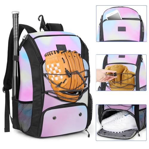MATEIN Baseball Backpack, Softball Bat Bag with Shoes Compartment for Youth, Boys and Adult, Lightweight Baseball Bag with Fence Hook Hold TBall Bat, Batting Mitten, Helmet, Caps, Teeball Gear - color: Tie Dye, size: 47L