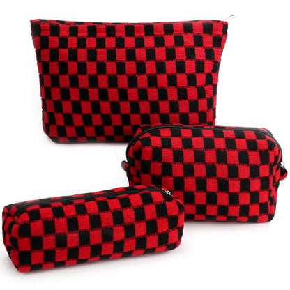 3 Pcs Makeup Bag Cosmetic Bag Set for Girls Women Checkered Travel Organizer Bathroom Toiletry Pouch Large Capacity Storage Bag(Red-Black) - color: Red-Black