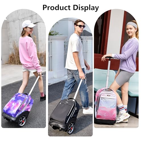 NEW TILAMI 19 Inch Rolling Backpack with Lunch Bag for Girls Boys Wheeled Laptop Backpack Durable Carry-on Bag School Travel, Pure Black - color: Pure Black