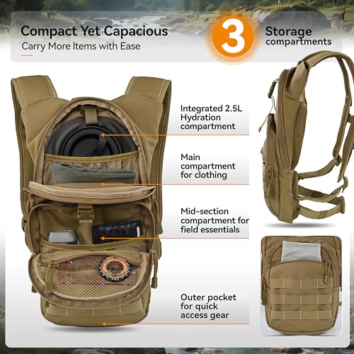 MARCHWAY Tactical Molle Hydration Pack with 2.5L TPU Water Bladder, Low-Profile Organized Military Backpack for Hiking, Cycling, Backpacking, Hunting, Running - color: Tan