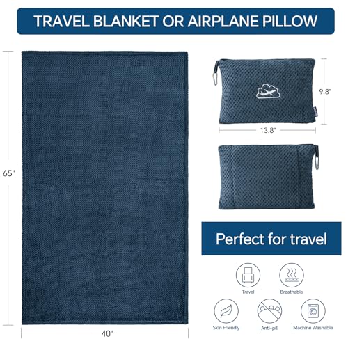 BEDELITE Travel Blanket with Bag, Ultra-Soft Jacquard Fleece Blanket with Luggage Sleeve & Backpack Clip, Airplane Blanket Travel Essentials, Navy - color: Navy