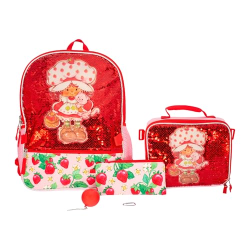 AI ACCESSORY INNOVATIONS Strawberry Shortcake 5 Piece Backpack Set, Flip Sequin Girls School Bag with Front Zip Pocket, 2 Side Mesh Pockets, Pink & Red - color: Strawberry Shortcake