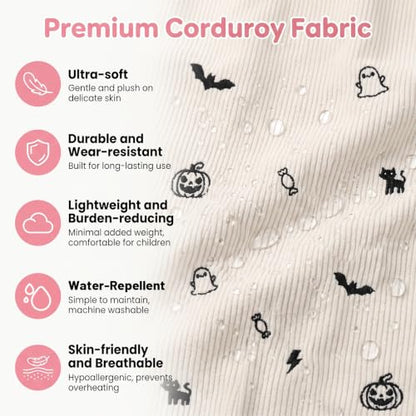 mygreen Corduroy Backpack with Cute Halloween Embroidery Daily School Bag - color: Halloween Cream White