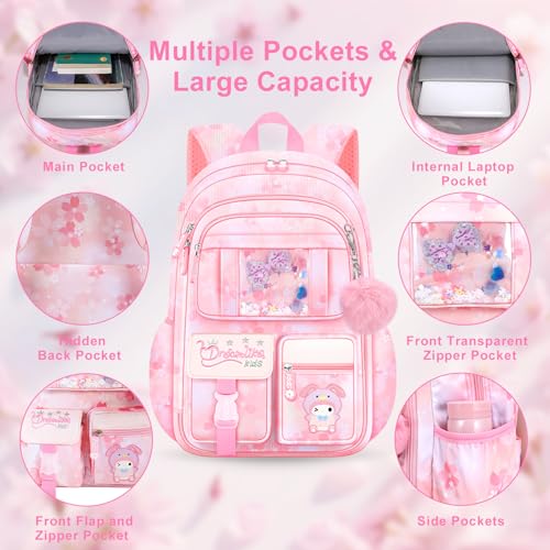 Backpack for Girls 3pcs Set, Kids Backpack for Girls with Lunch Box Pencil Case Set for Teens Elementary Middle School Bags (Pink-3 Pieces Set-1)