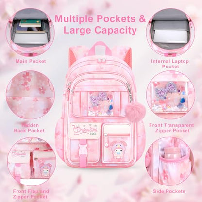 Backpack for Girls 3pcs Set, Kids Backpack for Girls with Lunch Box Pencil Case Set for Teens Elementary Middle School Bags (Pink-3 Pieces Set-1)