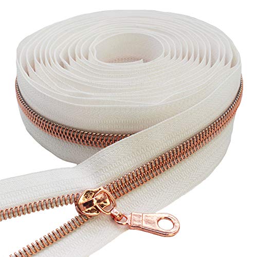 MebuZip #5 Rose Gold Metallic Nylon Coil Zippers by The Yard Bulk Coil Zipper Roll 10 Yards with 25pcs Pulls for DIY Sewing Craft Bags (White) - color: Rose Gold White