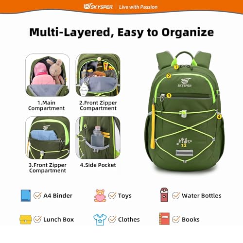 SKYSPER Kids Backpack 12L Children School Bag Child Boy Girl Pack Ages 4-8 for Traveling Day Trips Classes Camping(ArmyGreen) - color: Armygreen, size: Small