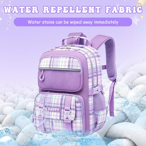 Backpack for Girls,Cute Plaid Backpack,Preppy Bookbag for Elementary & Middle School Students,Large Capacity School Bag,17 Inch,Purple - color: Purple