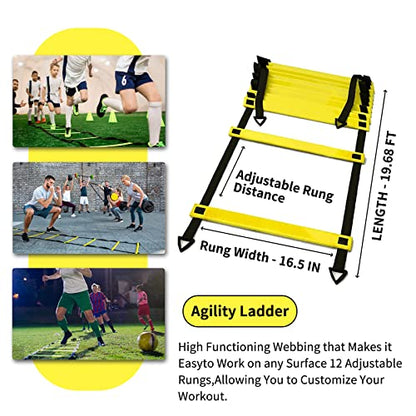 IHEPYQ Soccer Agility Training Equipment Set, 12 Rung 20Ft Agility Ladder, 12 Disc Cones, 4 Steel Stakes, Solo Soccer Trainer, Jump Rope - Speed Training Equipment for Soccer Football Basketball - color: Yellow